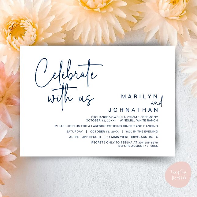 Invitation Célébrez avec nous, Post Mariage Elopement Party (Celebrate with us, Post Wedding Elopement Party Dinner Brunch Lunch Invitation Card PDF Navy Blue)
