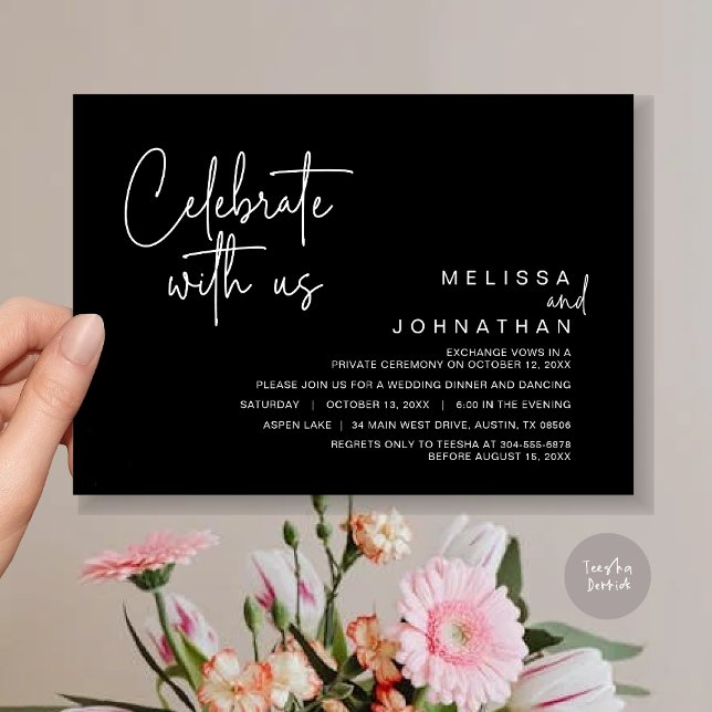 Invitation Célébrez avec nous, Post Mariage Elopement Party (Celebrate with us, Post Wedding Elopement Dinner Party Invitation Card, PDF, in Classy Black)