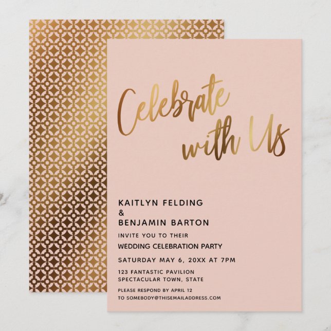 Invitation Célébrez avec nous Réception de mariage d'or Blush (Devant / Derrière)