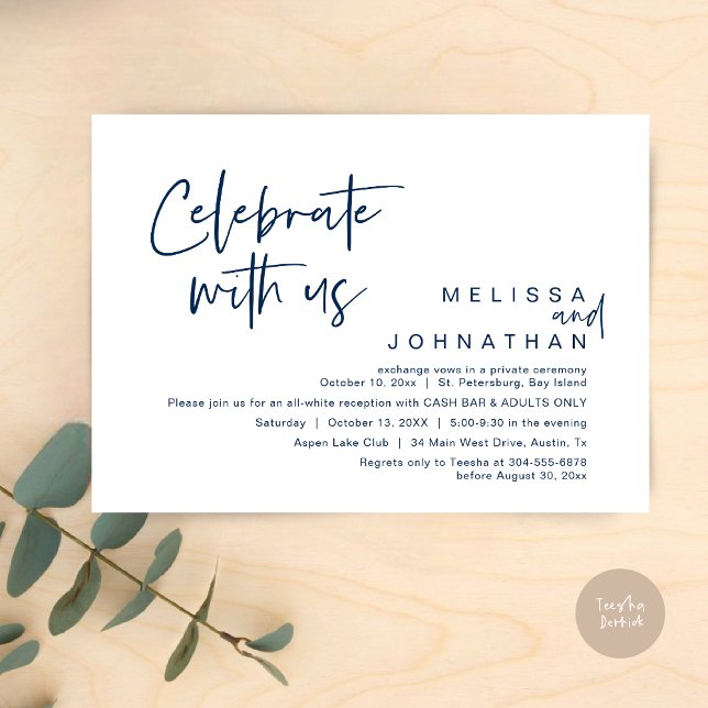 Invitation Célébrez avec nous, Wedding Réception Cash Bar (Celebrate with us, Wedding Reception Dinner Cash Bar Adults Only Invitation Card PDF in Navy Blue)
