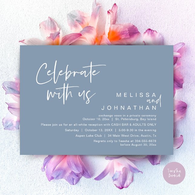 Invitation Célébrez avec nous, Wedding Réception Cash Bar (Celebrate with us, Wedding Reception Dinner Cash Bar Adults Only Invitation Card PDF in Dusty Blue)
