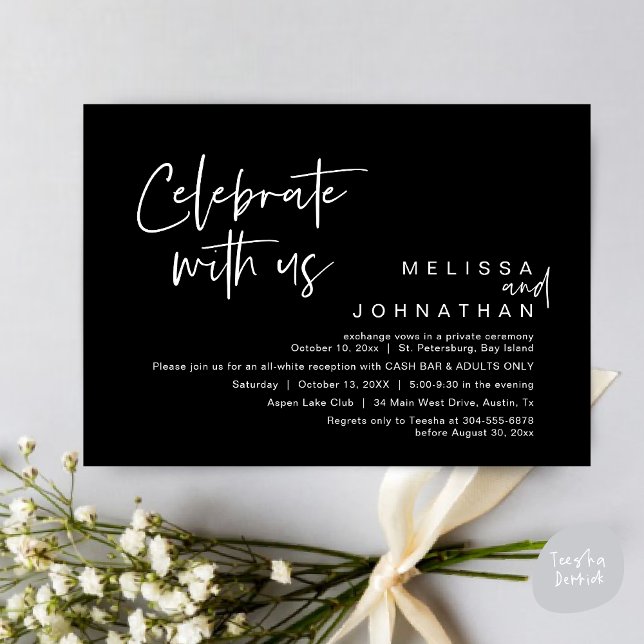 Invitation Célébrez avec nous, Wedding Réception Cash Bar (Celebrate with us, Wedding Reception Dinner Cash Bar Adults Only Invitation Card PDF in Classy Black)