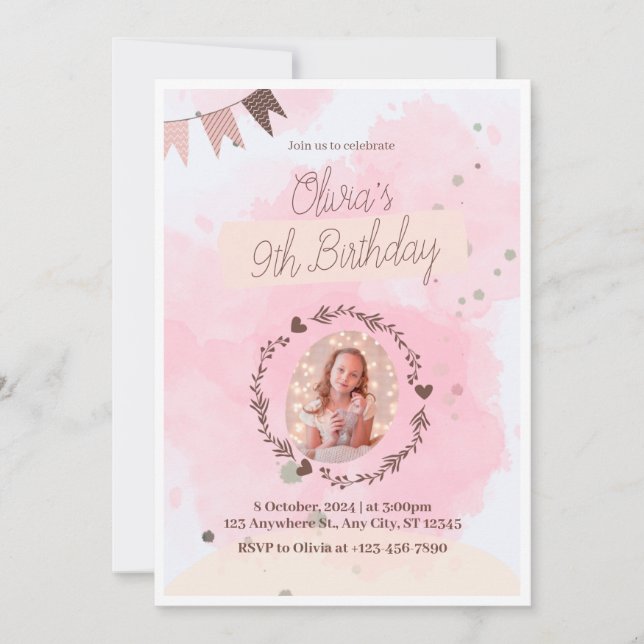Invitation Célébrez en style ! Aquarelle rose mignonne 9e ois (Devant)