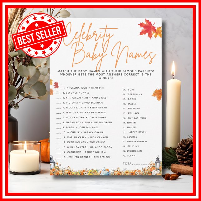 Invitation CÉLÉBRITÉ BÉBÉ NOMS Baby shower Jeu Floral Cute (CELEBRITY BABY NAMES Easy Baby Shower Game A Little Pumpkin is on the Way Theme)