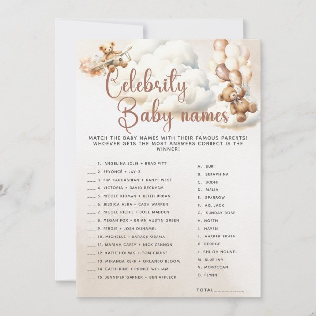 Invitation CÉLÉBRITÉ BÉBÉ NOMS Baby shower Jeu mignon Ours (Devant)