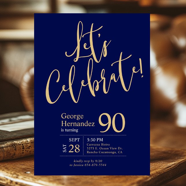 Invitation Célébrons la photo d'or bleu marine 90e anniversai (Créateur téléchargé)