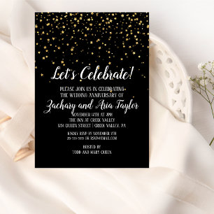 Invitation Célébrons les confettis dorés sur fond noir pour l