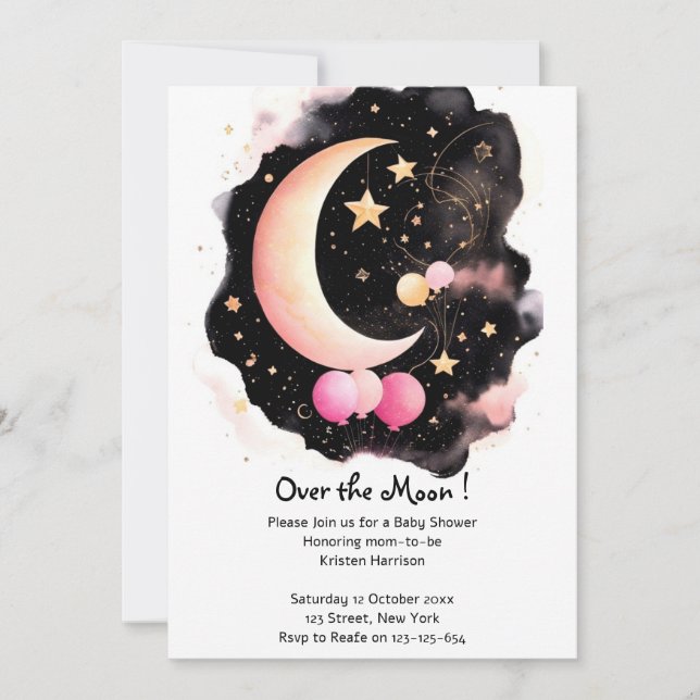 Invitation Céleste Baby Girl Douche : Lune & Étoiles Délice (Devant)
