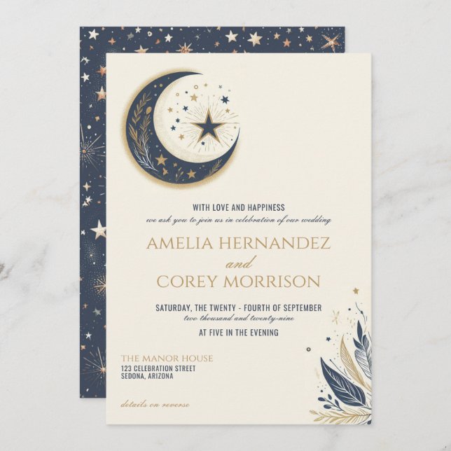 Invitation Céleste bleu et or avec Mariage de code QR (Devant / Derrière)