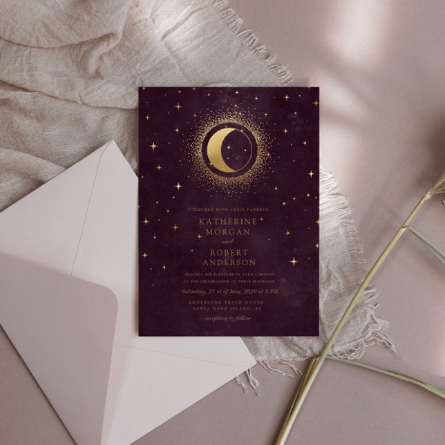 Invitation Céleste Bourgogne Or Lune Et Étoiles Mariage (Créateur téléchargé)