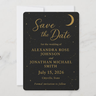 Invitation Céleste, Élégant Noir & Or Sauvegarder la Date