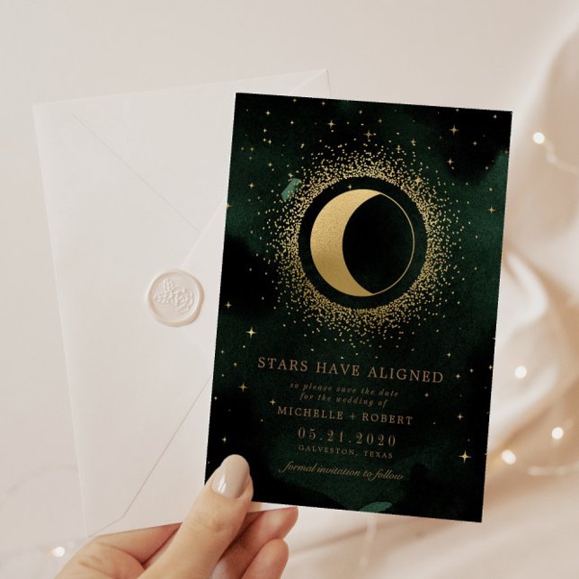 Invitation Céleste Emerald Gold Moon Photo Enregistrer La Dat (Créateur téléchargé)