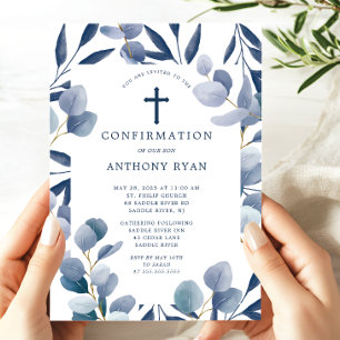 Invitation Céleste Feuille bleue garçons Confirmation Invitat