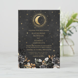 Invitation Céleste Floral Black Stars Moon Mariage