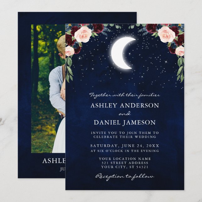Invitation Céleste Lune Étoiles Bourgogne Floral Mariage phot (Devant / Derrière)