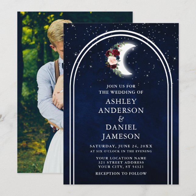 Invitation Céleste Lune Stars Arch Floral Photo Mariage (Devant / Derrière)
