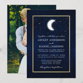 Invitation Céleste Lune Stars Photo Gold Frame Mariage