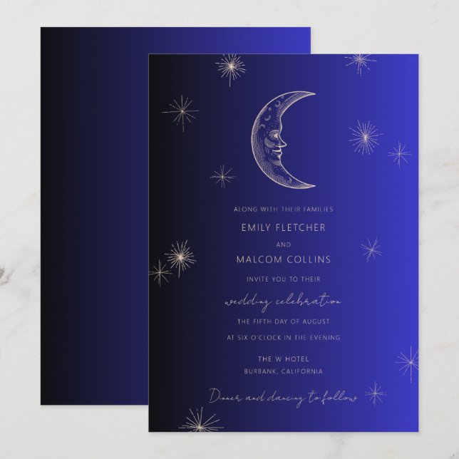 Invitation Céleste Midnight Blue Moon Stars Mariage (Devant / Derrière)