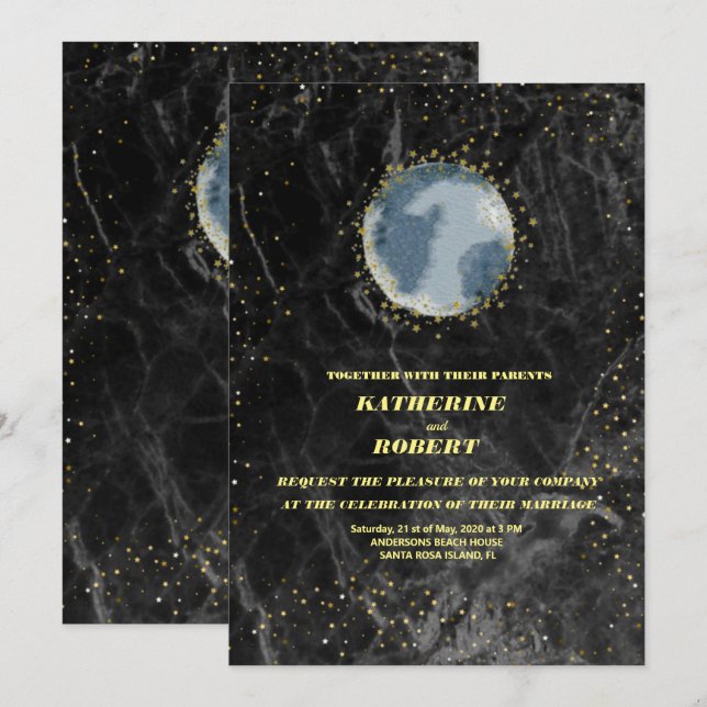 Invitation céleste minuit bleu étoiles lune Mariage Invita (Devant / Derrière)