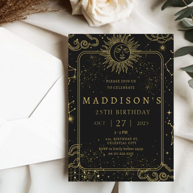 Invitation Céleste mystique étoile Nuit Commencement Annivers (Celestial Mystical Starry Night Starsign Birthday Invitation)