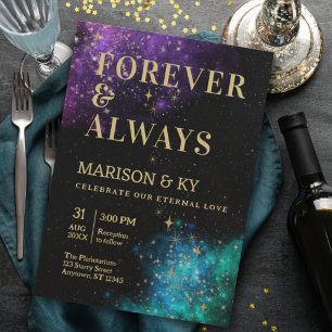 Invitation Céleste Nuit Sky Space Nebula Gold Star Mariage
