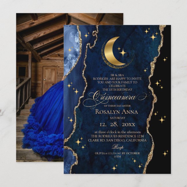 Invitation  Celestial Blue Quinceanera Midnight Stars Moon  (Devant / Derrière)