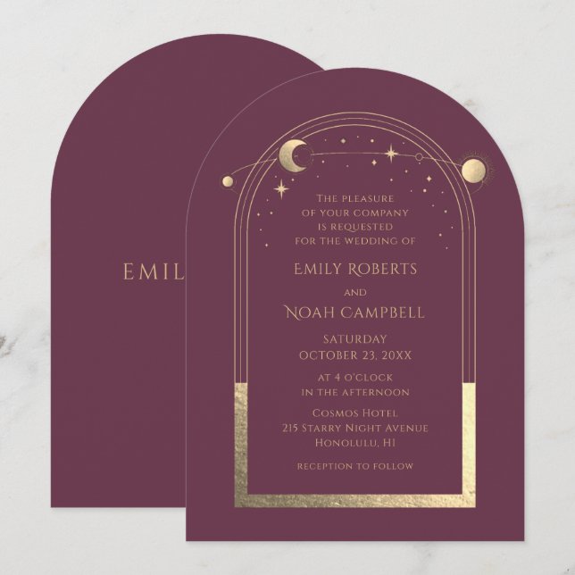 Invitation Celestial Chic Plum Or Soleil Lune Étoiles Espace (Devant / Derrière)