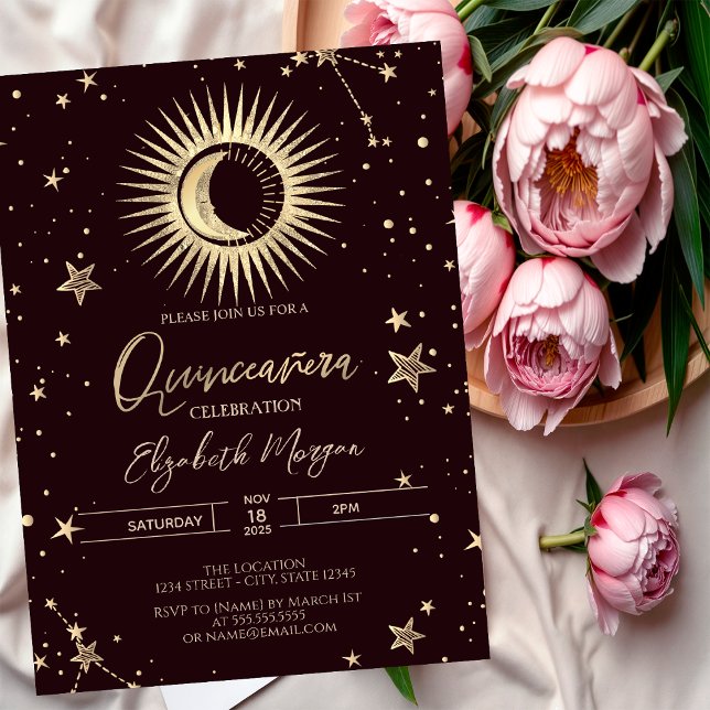 Invitation Celestial Gold Sun Moon Stars Dark Quinceanera (Créateur téléchargé)