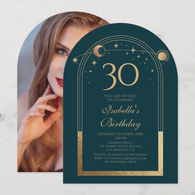 Invitation Celestial Green Gold Sun Moon Stars 30e anniversai (Devant / Derrière)