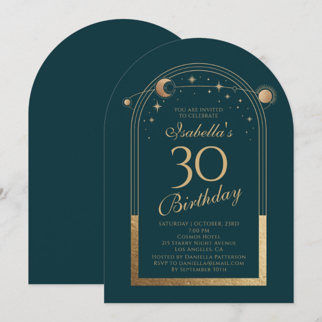 Invitation Celestial Green Gold Sun Moon Stars 30e anniversai (Devant / Derrière)