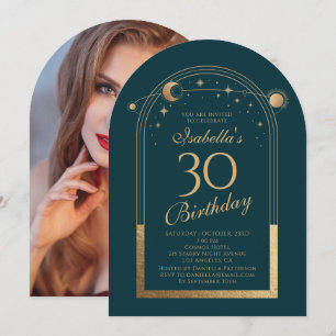 Invitation Celestial Green Gold Sun Moon Stars 30e anniversai