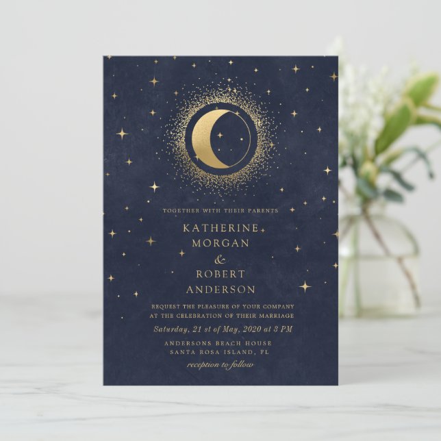 Invitation Celestial Midnight Blue Anglais Mariage espagnol (Debout devant)