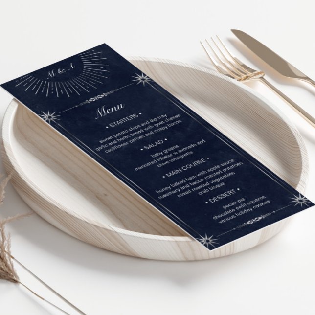 Invitation Celestial Midnight Blue Silver Mariage Diner Menu (Créateur téléchargé)