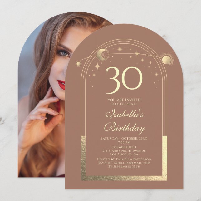 Invitation Celestial Mocha Gold Sun Moon Stars 30e anniversai (Devant / Derrière)