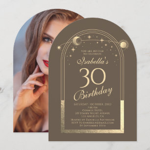 Invitation Celestial Mocha Gold Sun Moon Stars 30e anniversai