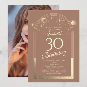 Invitation Celestial Mocha Gold Sun Moon Stars 30e anniversai