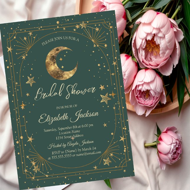 Invitation Celestial Moon Stars Frame Green Bridal Shower (Créateur téléchargé)