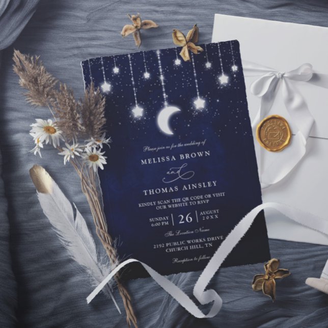 Invitation Celestial Moon Stars String Lights QR Code Wedding (Créateur téléchargé)