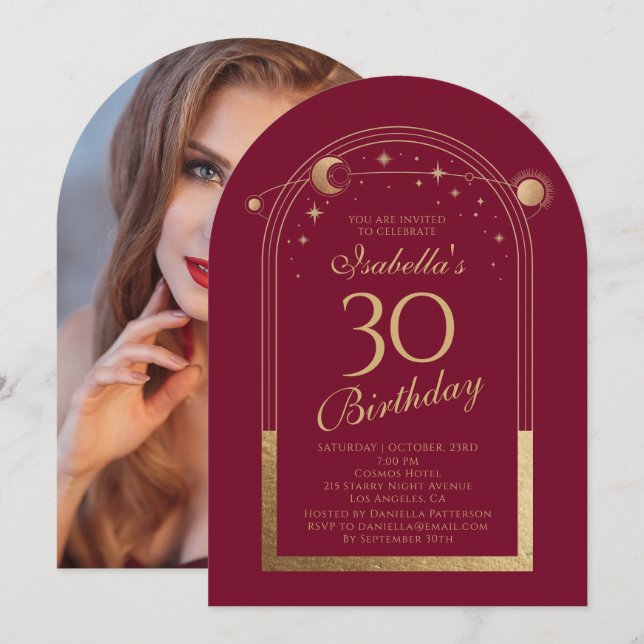 Invitation Celestial Red Gold Sun Moon Stars 30e anniversaire (Devant / Derrière)