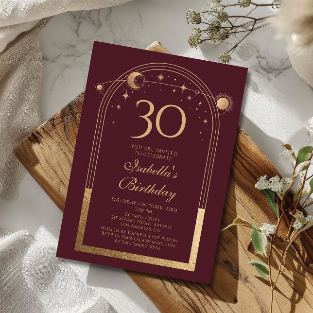 Invitation Celestial Red Gold Sun Moon Stars 30e anniversaire (Créateur téléchargé)