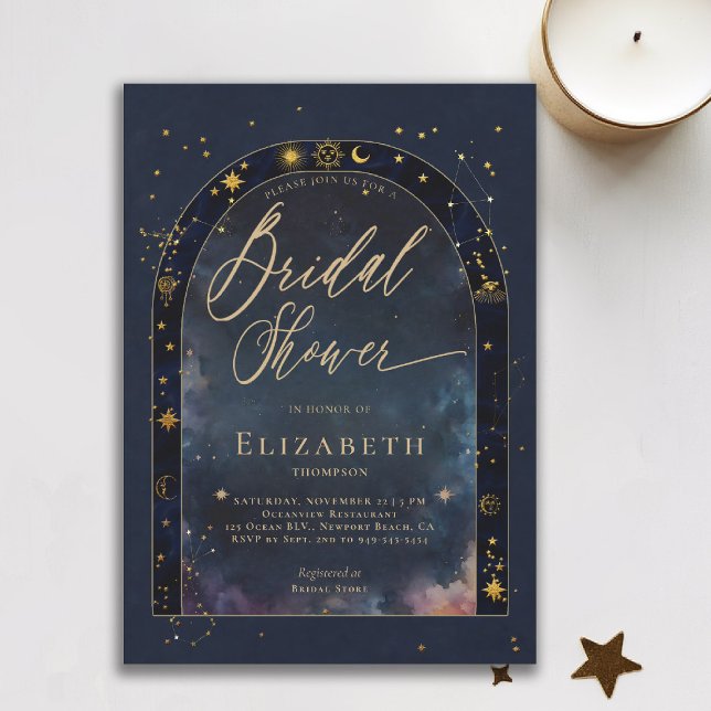 Invitation Celestial Waters Starry Zodiac Moon Bridal Shower (celestial bridal shower invitation zodiac signs astrology oracle universe mystical waters navy blue )