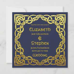 Invitation Celtic Navy Blue   Nœud Celtique en Faux Or Mariag