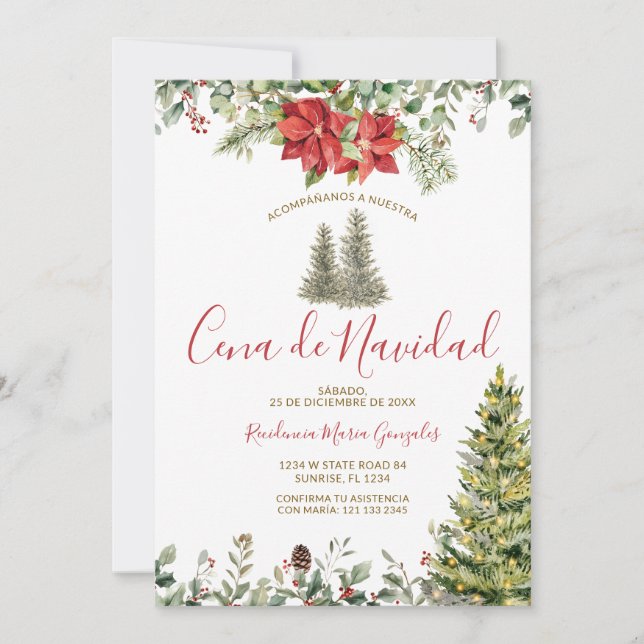 Invitation Cena De Navidad Poinsettia Christmas Dinner Party (Devant)