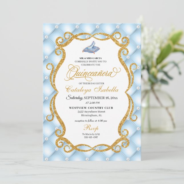 Invitation Cendrillon bleu Chaussure en verre Princesse Quinc (Debout devant)