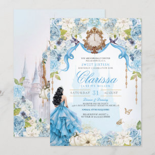Invitation Cendrillon bleu clair et or Princess Sweet 16