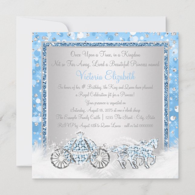 Invitation Cendrillon bleu et argent Princesse Anniversaire (Devant)