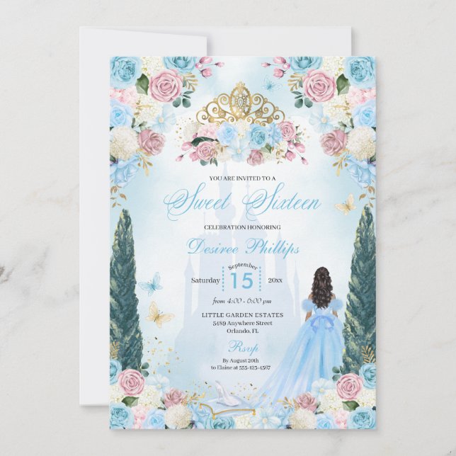 Invitation Cendrillon bleu et rose Fairytale Princess Sweet 1 (Devant)
