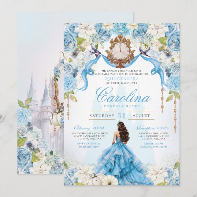 Invitation Cendrillon Bleu Luxe Princesse Quinceanera (Devant / Derrière)