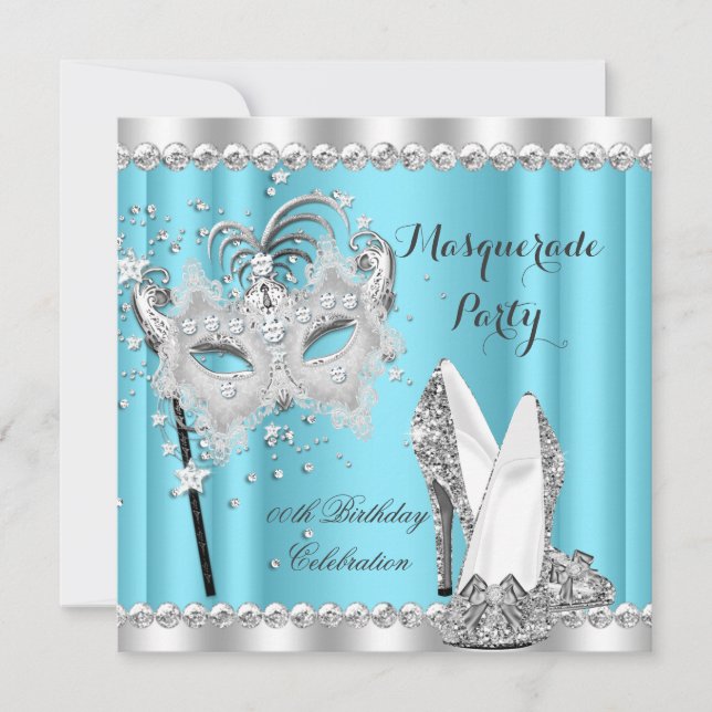 Invitation Cendrillon Bleu Mascarade Masque Talons Anniversai (Devant)