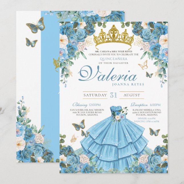 Invitation Cendrillon bleu Rose papillon princesse Anniversai (Devant / Derrière)